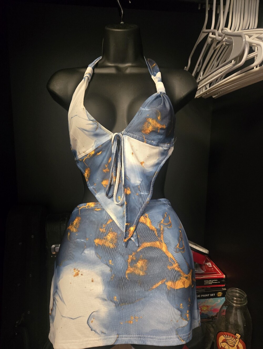 New Pink Marble Abstract 2 Piece Set Halter Neck Top Side Slit Mini Skirt Blue